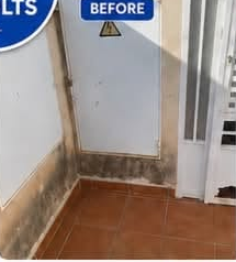 Balcony floor before cleaning, dark stains