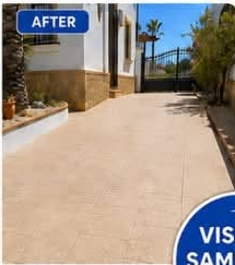 Driveway after soft wash cleaning, restored