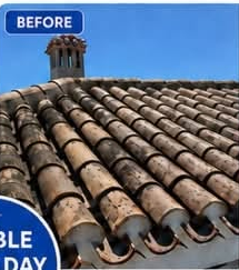 Roof tiles before cleaning, dark with algae
